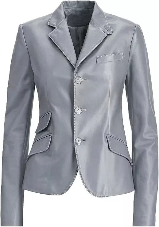 Women's Steel Grey Lambskin Premium Original Leather Blazer – Three Button Contrast Stitch