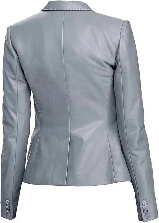 Women's Steel Grey Lambskin Premium Original Leather Blazer – Three Button Contrast Stitch