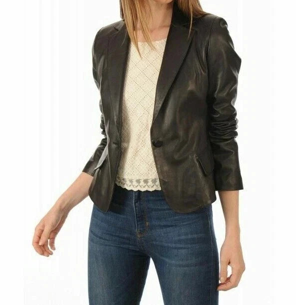 Women's Black Lambskin Original Premium Leather Blazer – One Button Slim Fit