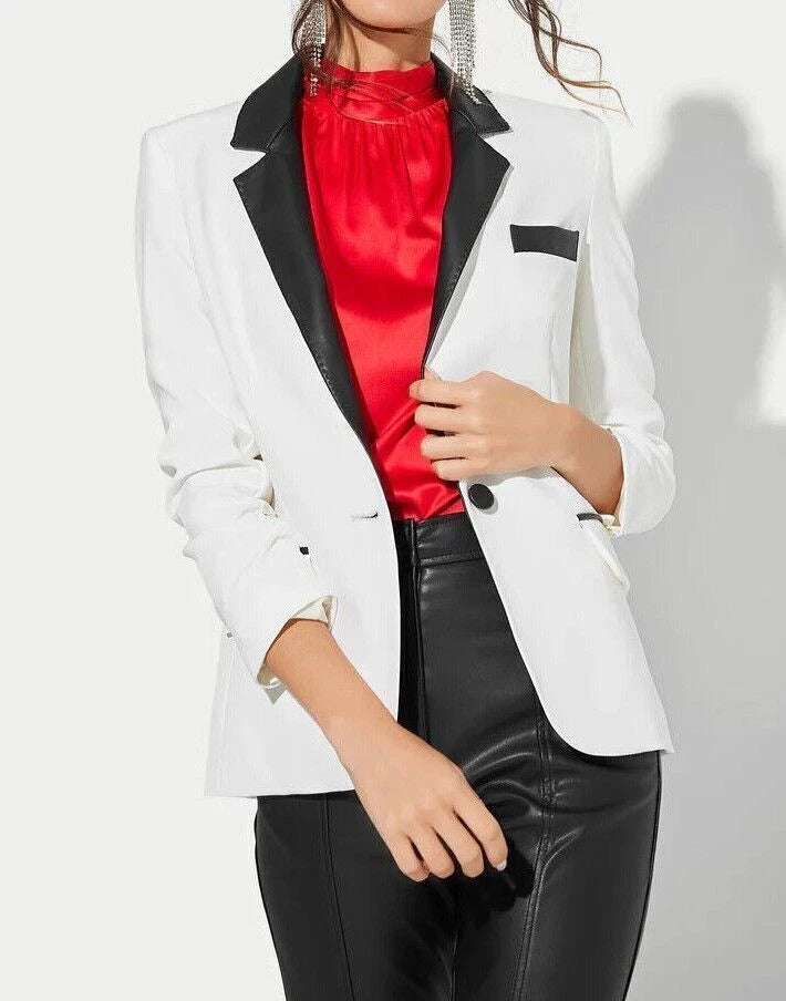 Women's White & Black Lambskin Premium Original Leather Tuxedo Blazer – Contrast Lapel