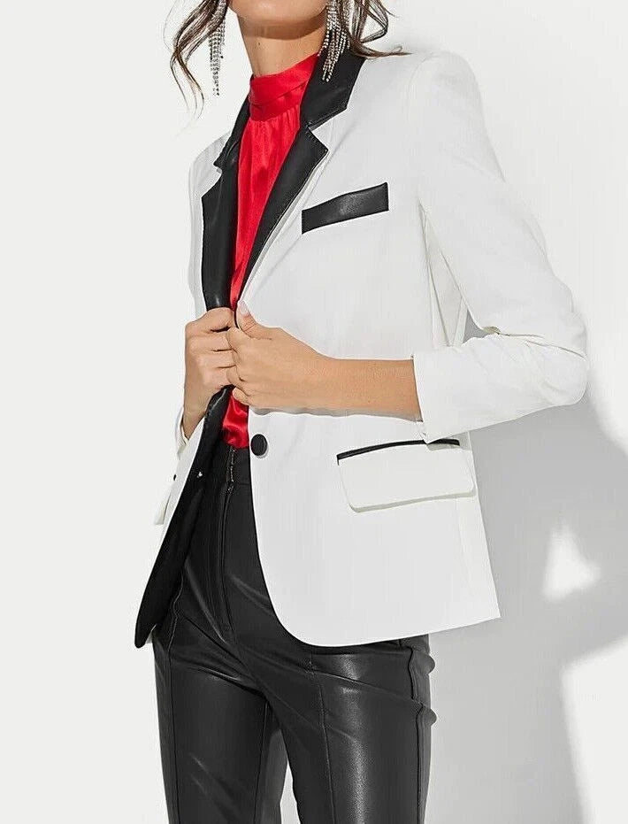 Women's White & Black Lambskin Premium Original Leather Tuxedo Blazer – Contrast Lapel