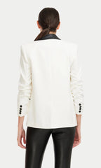 Women's White & Black Lambskin Premium Original Leather Tuxedo Blazer – Contrast Lapel