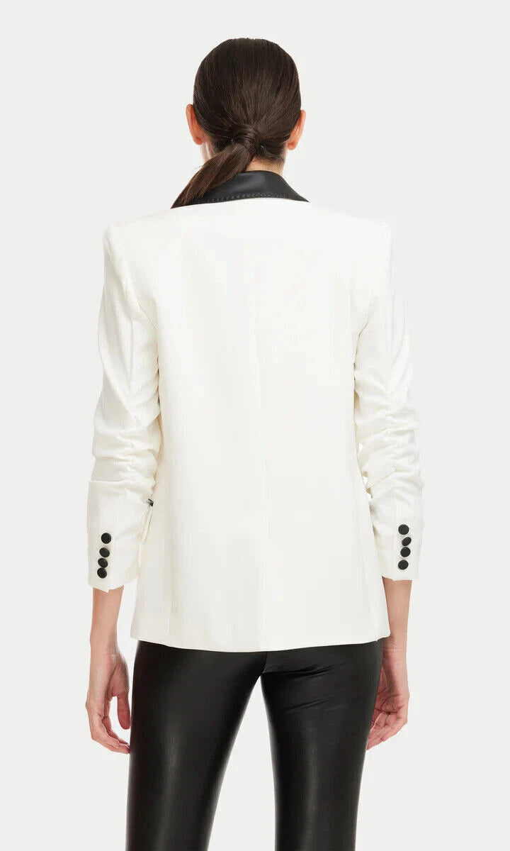 Women's White & Black Lambskin Premium Original Leather Tuxedo Blazer – Contrast Lapel