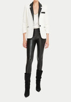 Women's White & Black Lambskin Premium Original Leather Tuxedo Blazer – Contrast Lapel