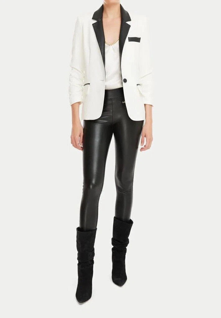 Women's White & Black Lambskin Premium Original Leather Tuxedo Blazer – Contrast Lapel