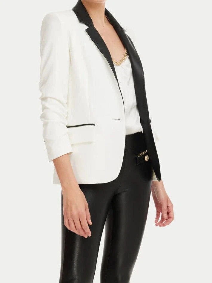 Women's White & Black Lambskin Premium Original Leather Tuxedo Blazer – Contrast Lapel