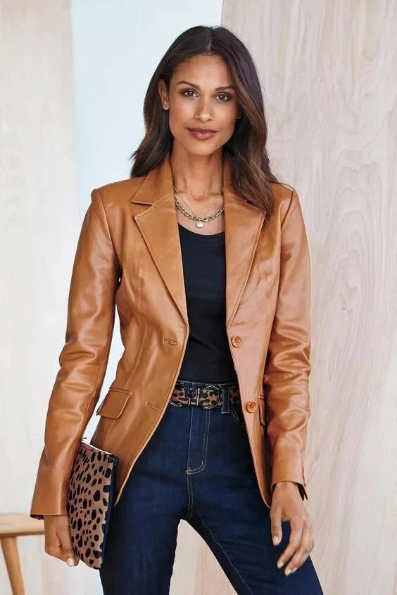 Women's Cognac Tan Lambskin Original Premium Leather Blazer – Two Button Classic Fit