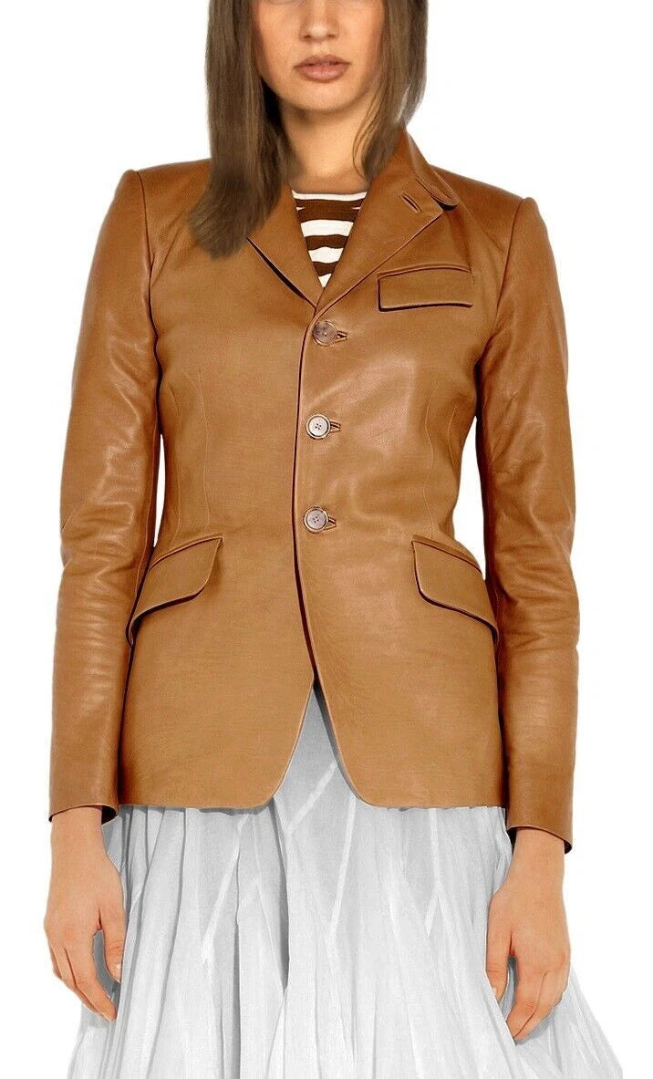 Women's Tan Lambskin Original Premium Leather Blazer – Three Button Contrast Piping