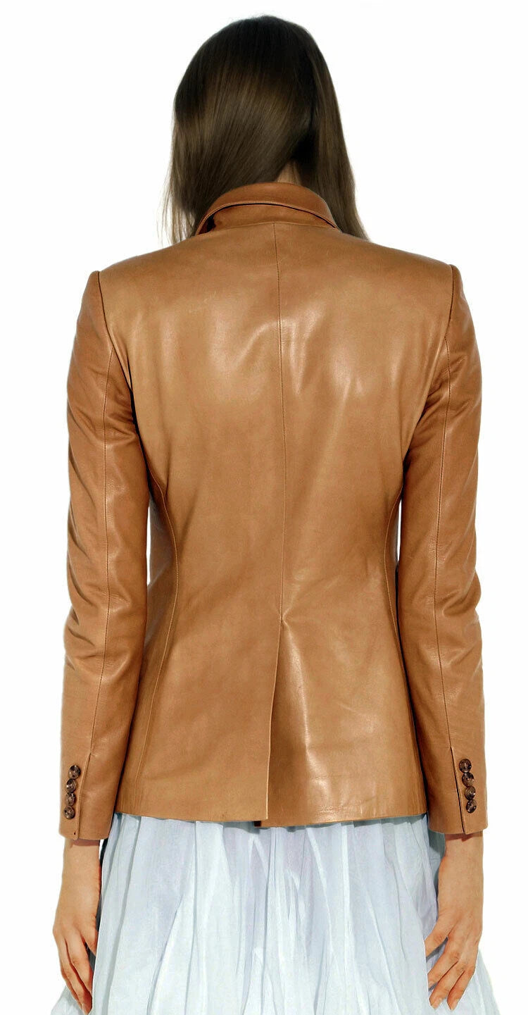 Women's Tan Lambskin Original Premium Leather Blazer – Three Button Contrast Piping