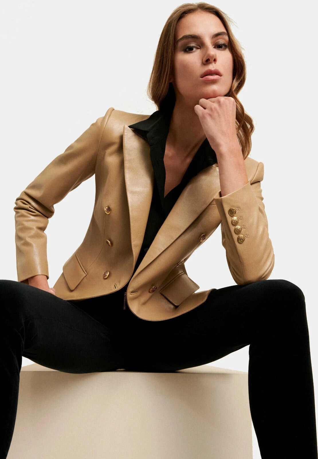 Women's Beige Lambskin Original Premium Leather Blazer – Double Breasted Gold Lion Button