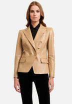 Women's Beige Lambskin Original Premium Leather Blazer – Double Breasted Gold Lion Button