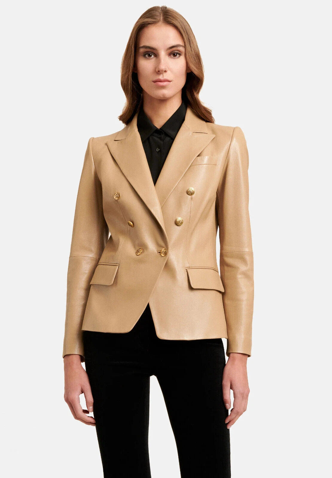 Women's Beige Lambskin Original Premium Leather Blazer – Double Breasted Gold Lion Button