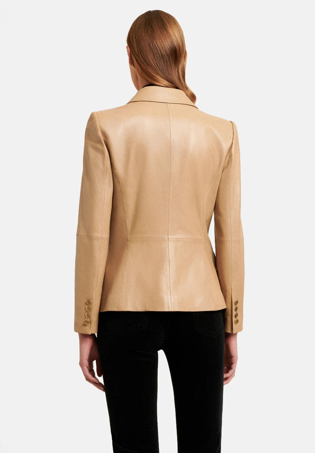 Women's Beige Lambskin Original Premium Leather Blazer – Double Breasted Gold Lion Button