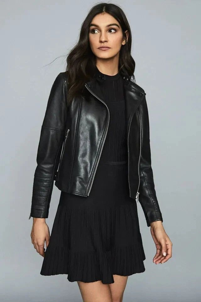 Women's Black Original Premium Leather Biker Jacket — Silver Hardware