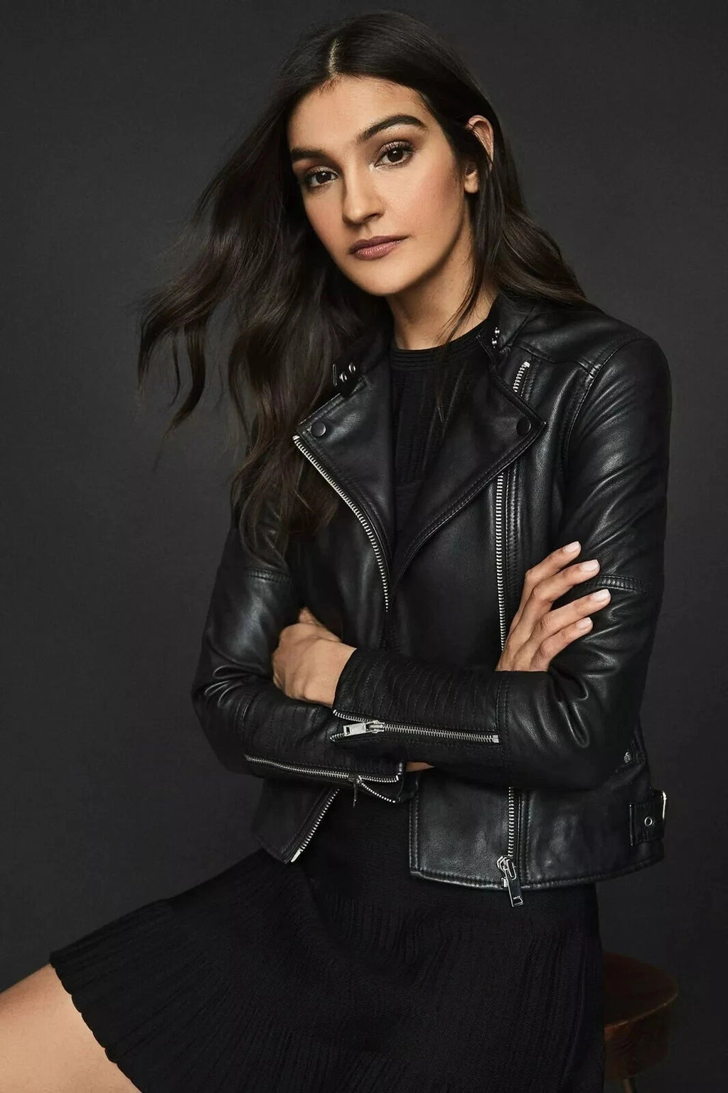 Women's Black Original Premium Leather Biker Jacket — Silver Hardware