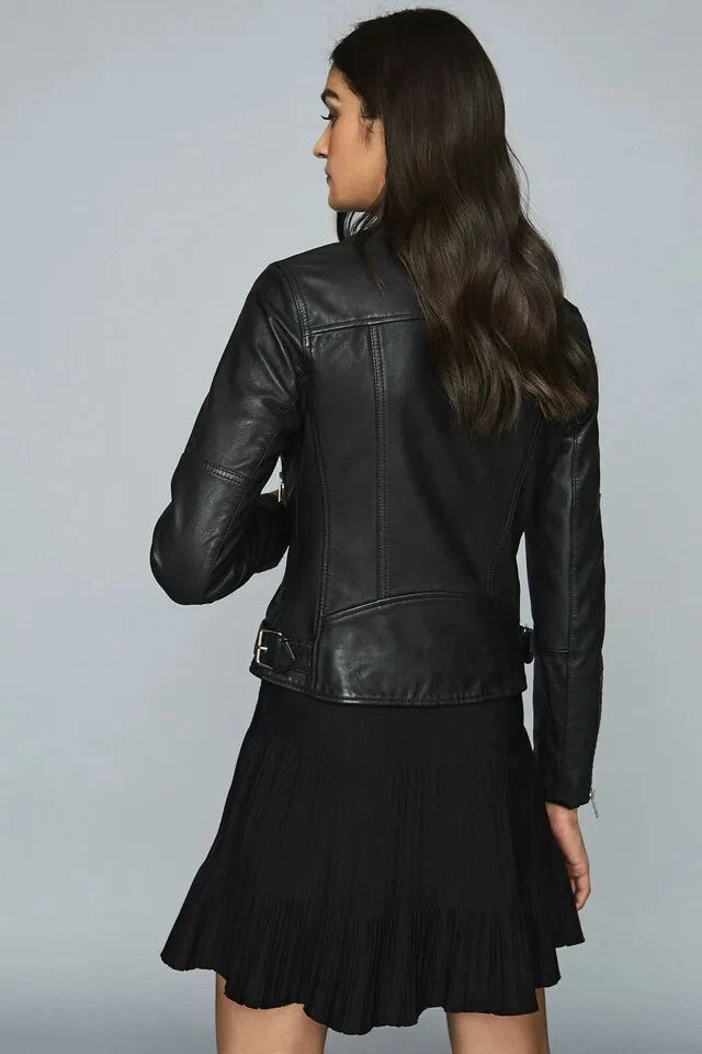 Women's Black Original Premium Leather Biker Jacket — Silver Hardware
