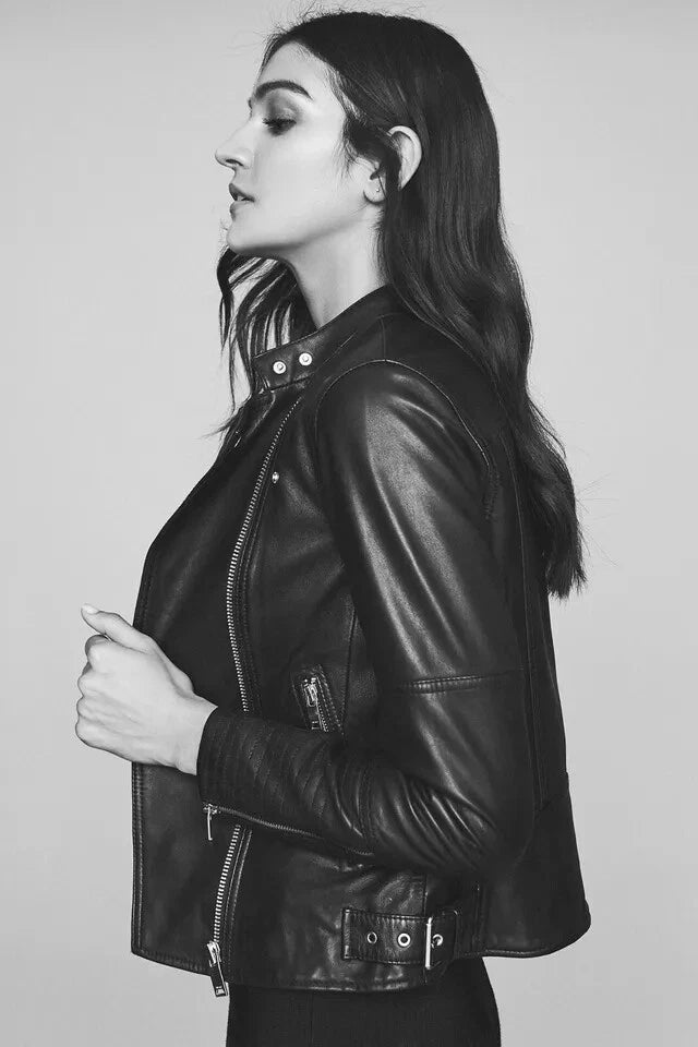 Women's Black Original Premium Leather Biker Jacket — Silver Hardware