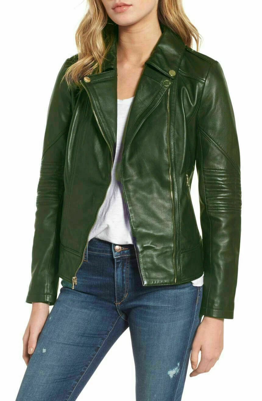 Women's Forest Green Original Premium Leather Biker Jacket