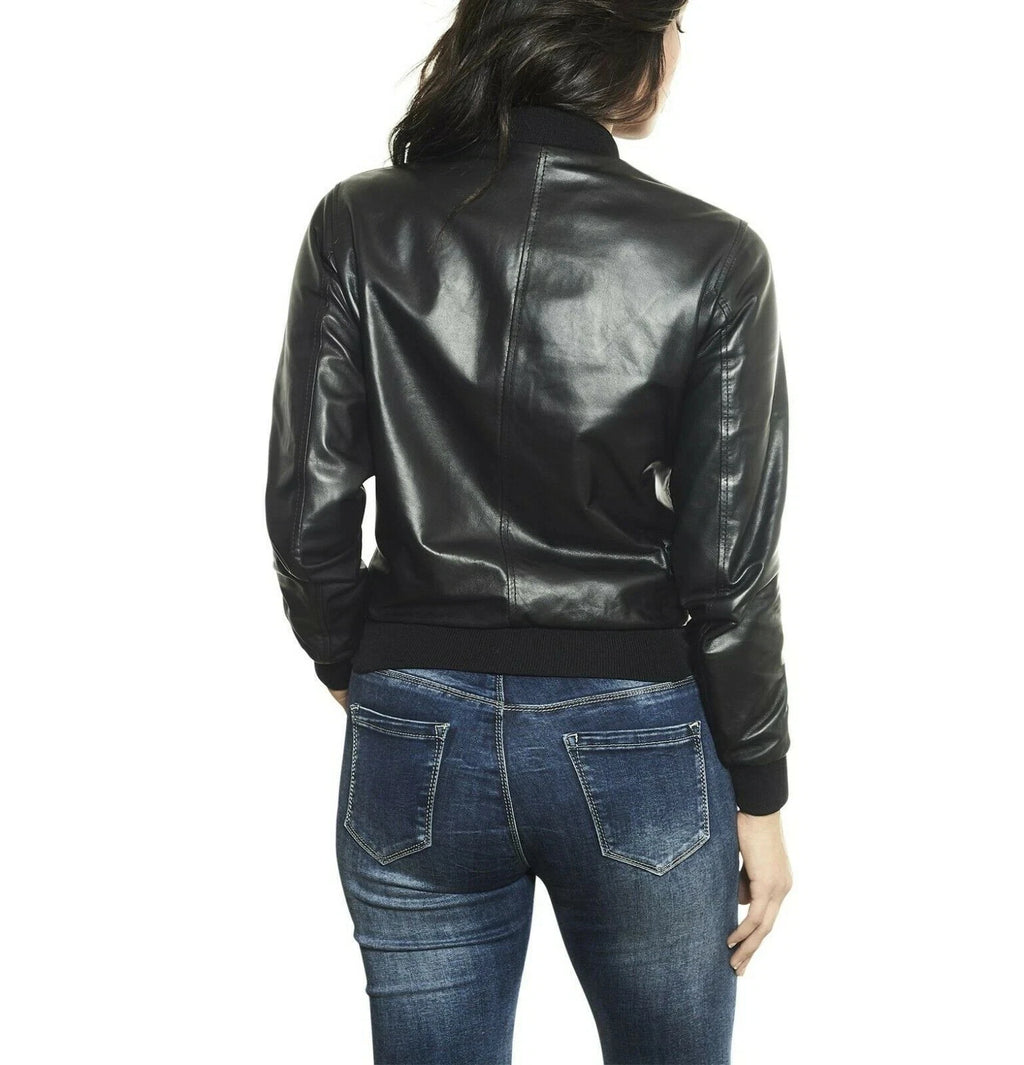 Women's Black Premium Original Lambskin Leather Bomber Jacket