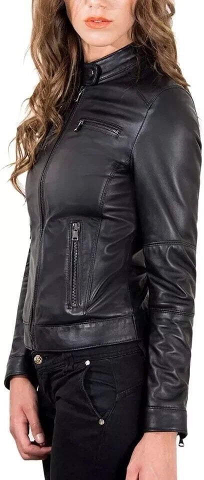 Women's Original Premium Lambskin Genuine Black Leather Moto Jacket — Multi-Zip