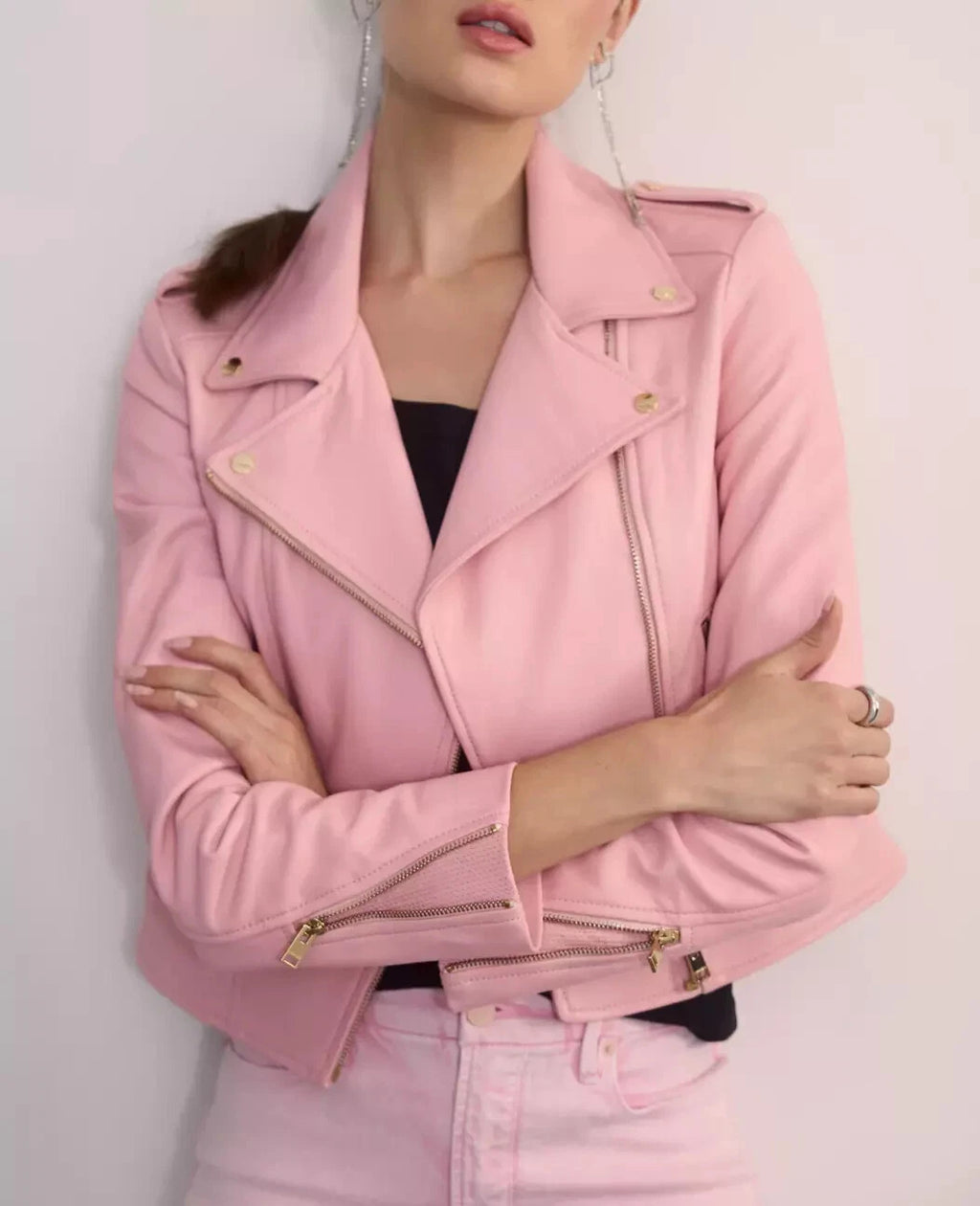 Women's Baby Pink Original Premium Leather Biker Jacket — Gold Hardware