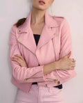 Women's Baby Pink Original Premium Leather Biker Jacket — Gold Hardware