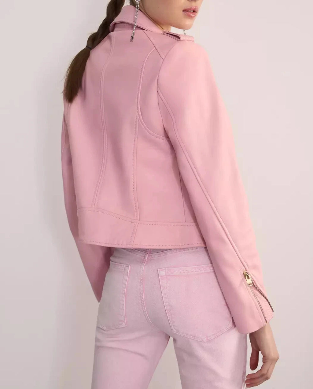 Women's Baby Pink Original Premium Leather Biker Jacket — Gold Hardware