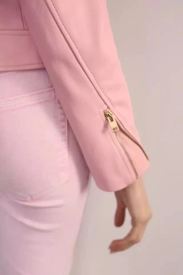 Women's Baby Pink Original Premium Leather Biker Jacket — Gold Hardware