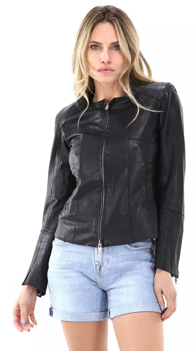Women'sOriginal Premium Black Leather Collarless Racer Jacket