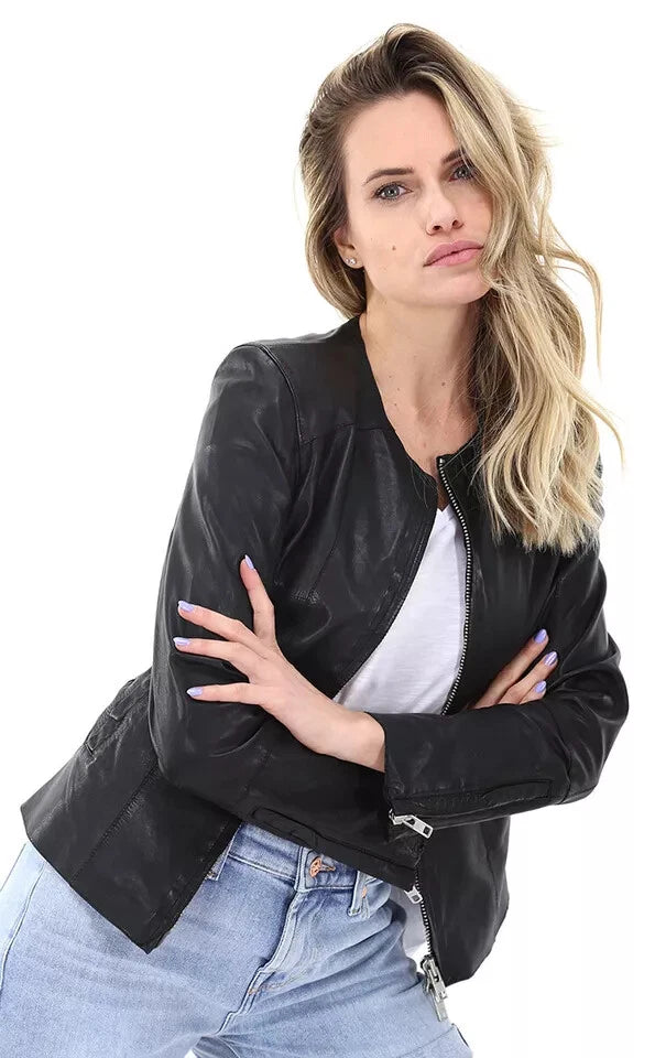 Women'sOriginal Premium Black Leather Collarless Racer Jacket