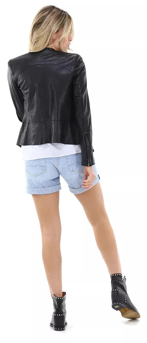 Women'sOriginal Premium Black Leather Collarless Racer Jacket