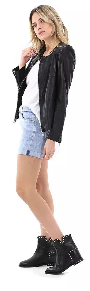 Women'sOriginal Premium Black Leather Collarless Racer Jacket