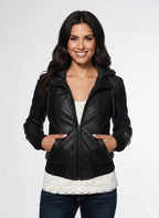 Women's Premium Original Lambskin Black Leather Hooded Bomber Jacket – front view – Kamercio