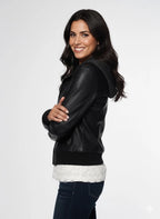 Women's Premium Original Lambskin Black Leather Hooded Bomber Jacket – back view – Kamercio
