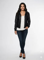 Women's Premium Original Lambskin Black Leather Hooded Bomber Jacket – side view – Kamercio