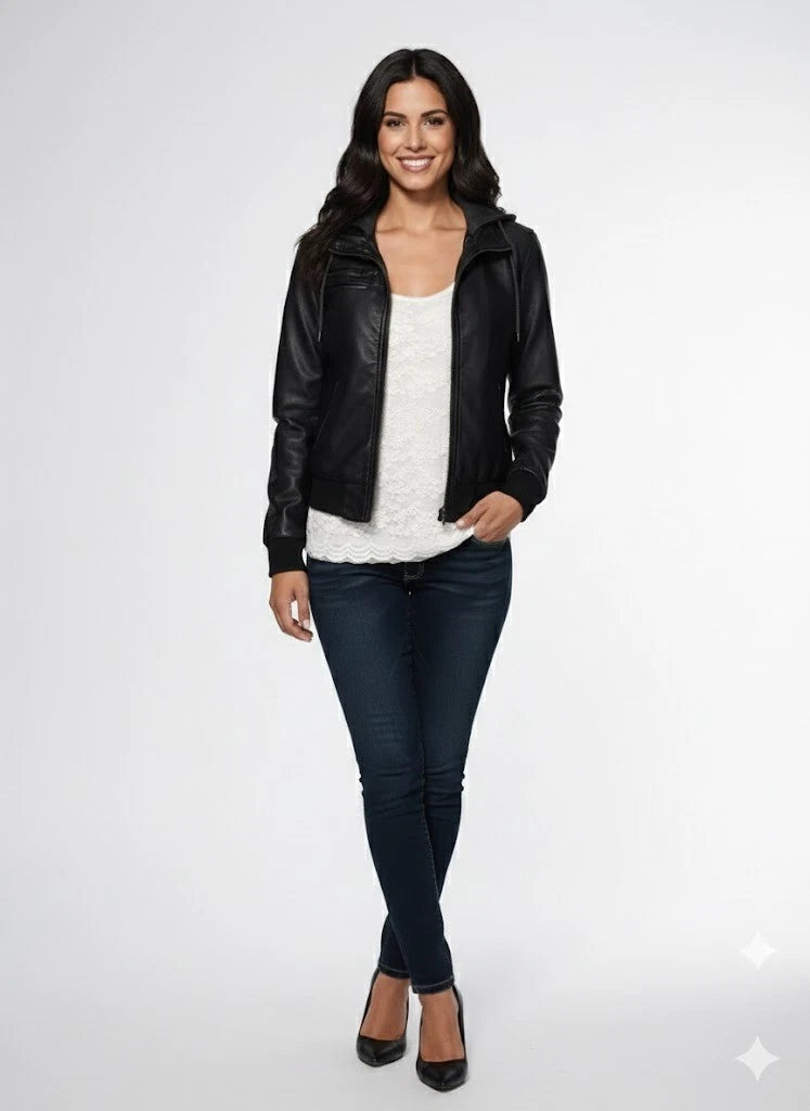 Women's Premium Original Lambskin Black Leather Hooded Bomber Jacket