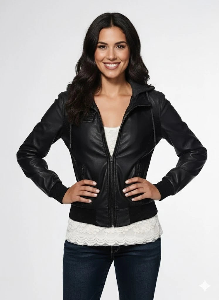Women's Premium Original Lambskin Black Leather Hooded Bomber Jacket