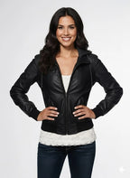 Women's Premium Original Lambskin Black Leather Hooded Bomber Jacket – close-up detail – Kamercio