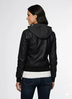 Women's Premium Original Lambskin Black Leather Hooded Bomber Jacket – worn on model – Kamercio