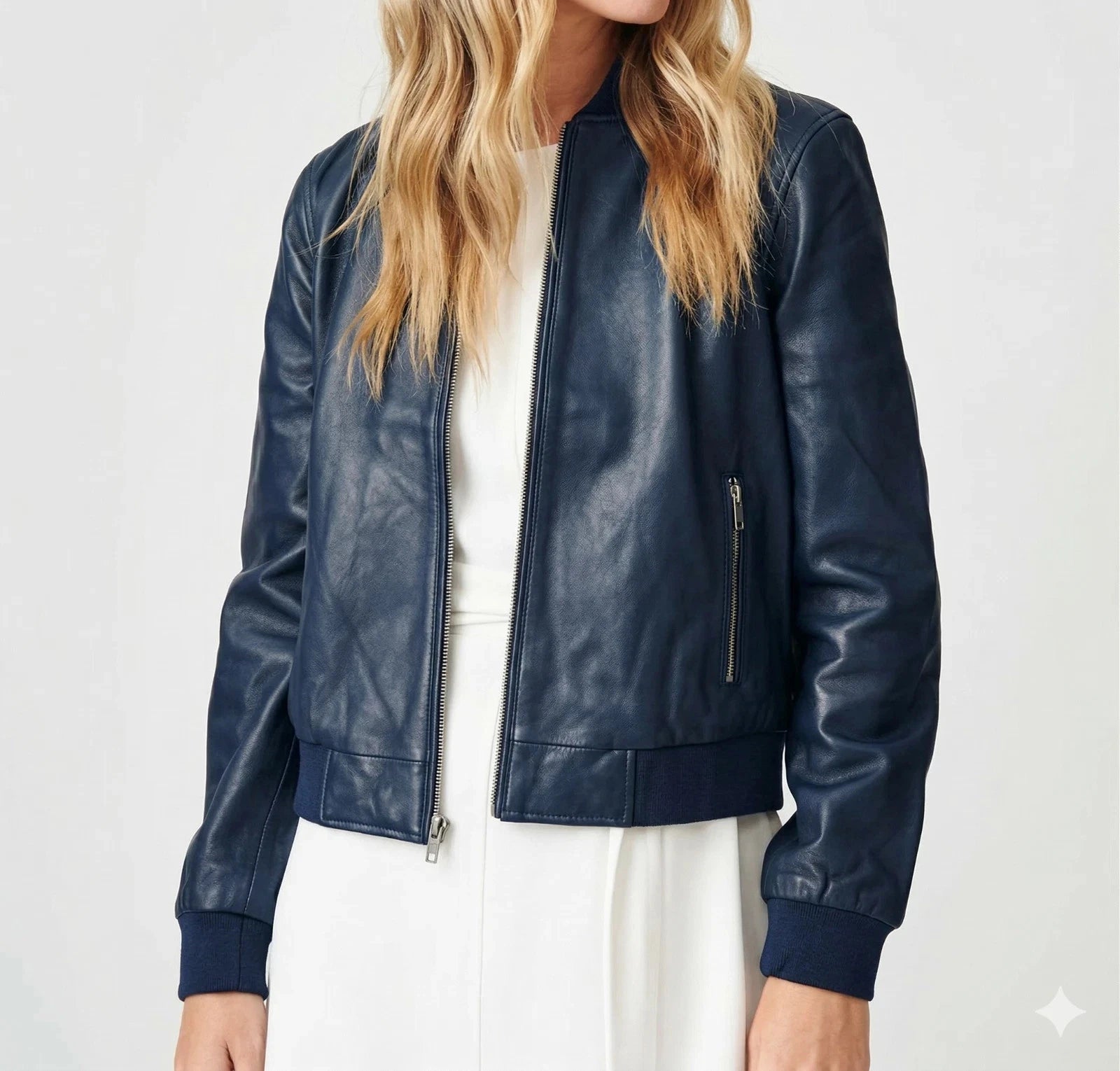 Women's Original Premium Navy Blue Leather Bomber Jacket