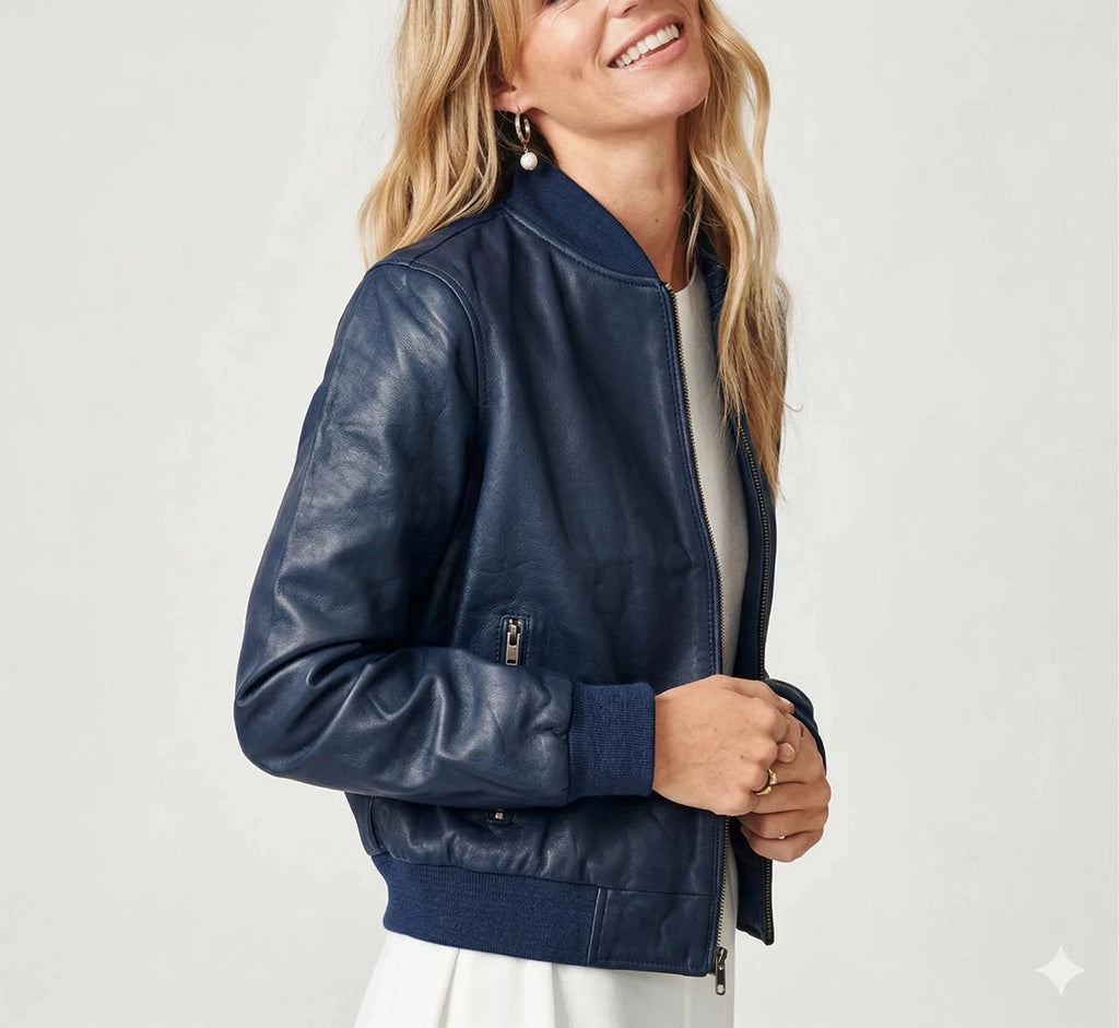 Women's Original Premium Navy Blue Leather Bomber Jacket