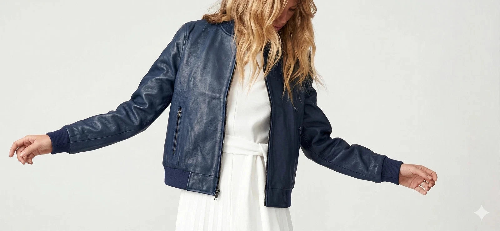Women's Original Premium Navy Blue Leather Bomber Jacket