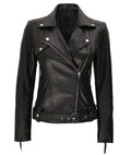 Women's Original Premium Black Leather Belted Biker Jacket — Silver Hardware