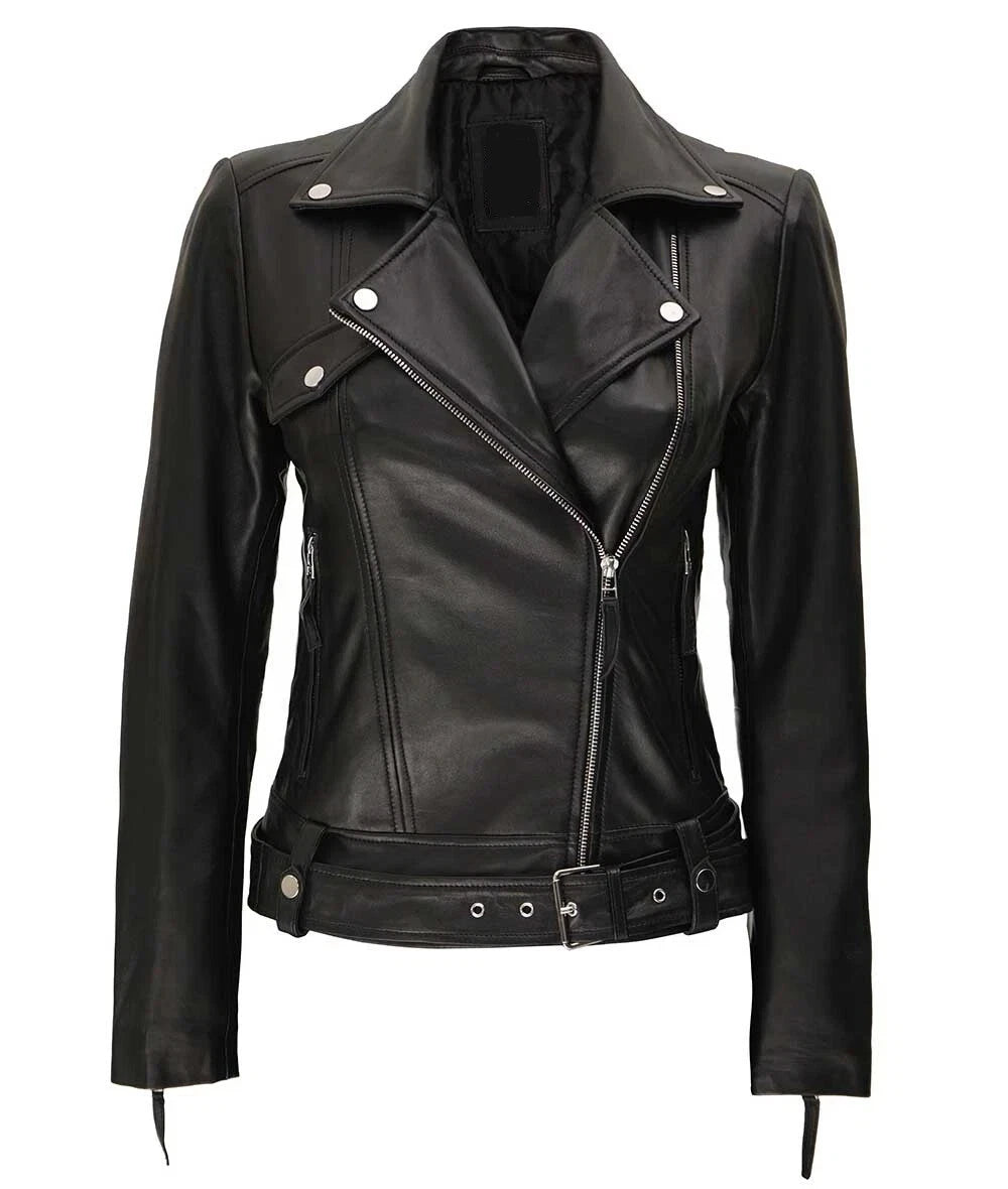 Women's Original Premium Black Leather Belted Biker Jacket — Silver Hardware