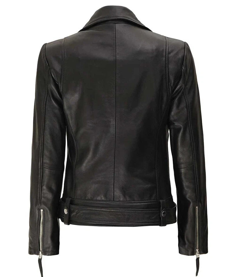 Women's Original Premium Black Leather Belted Biker Jacket — Silver Hardware