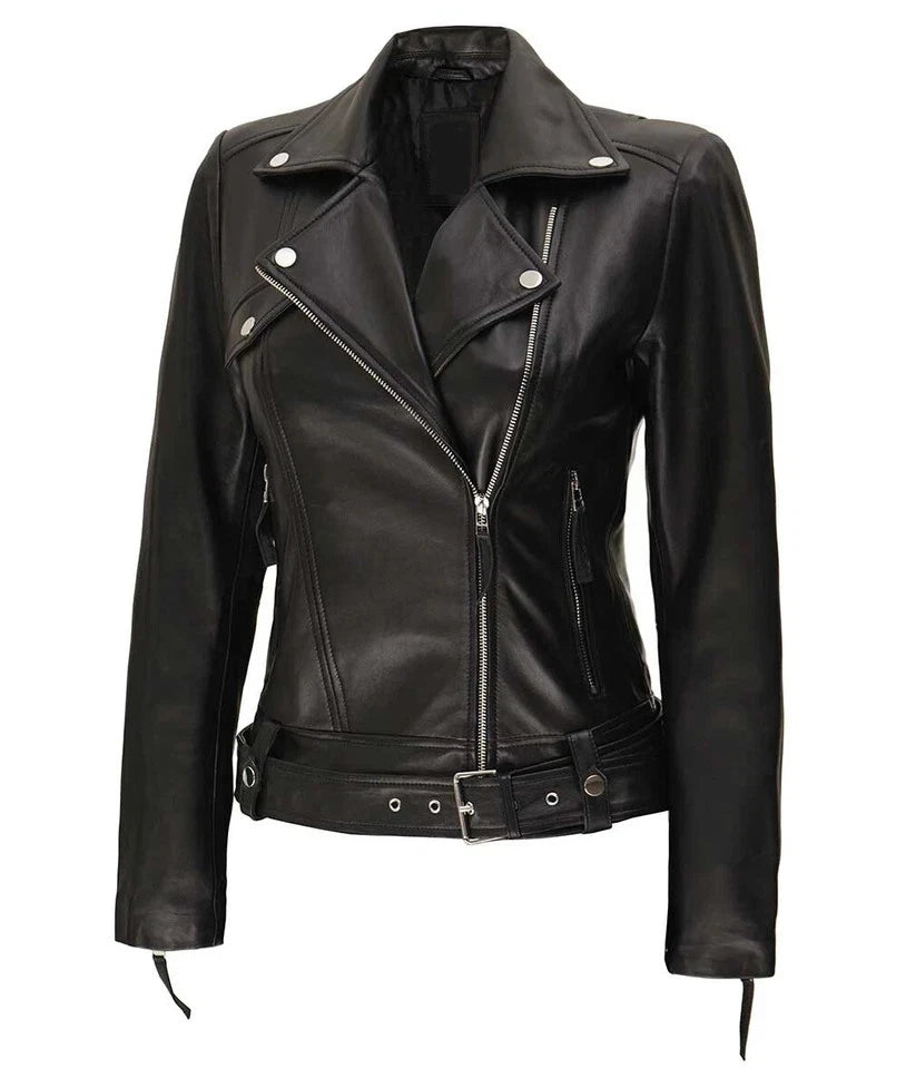 Women's Original Premium Black Leather Belted Biker Jacket — Silver Hardware