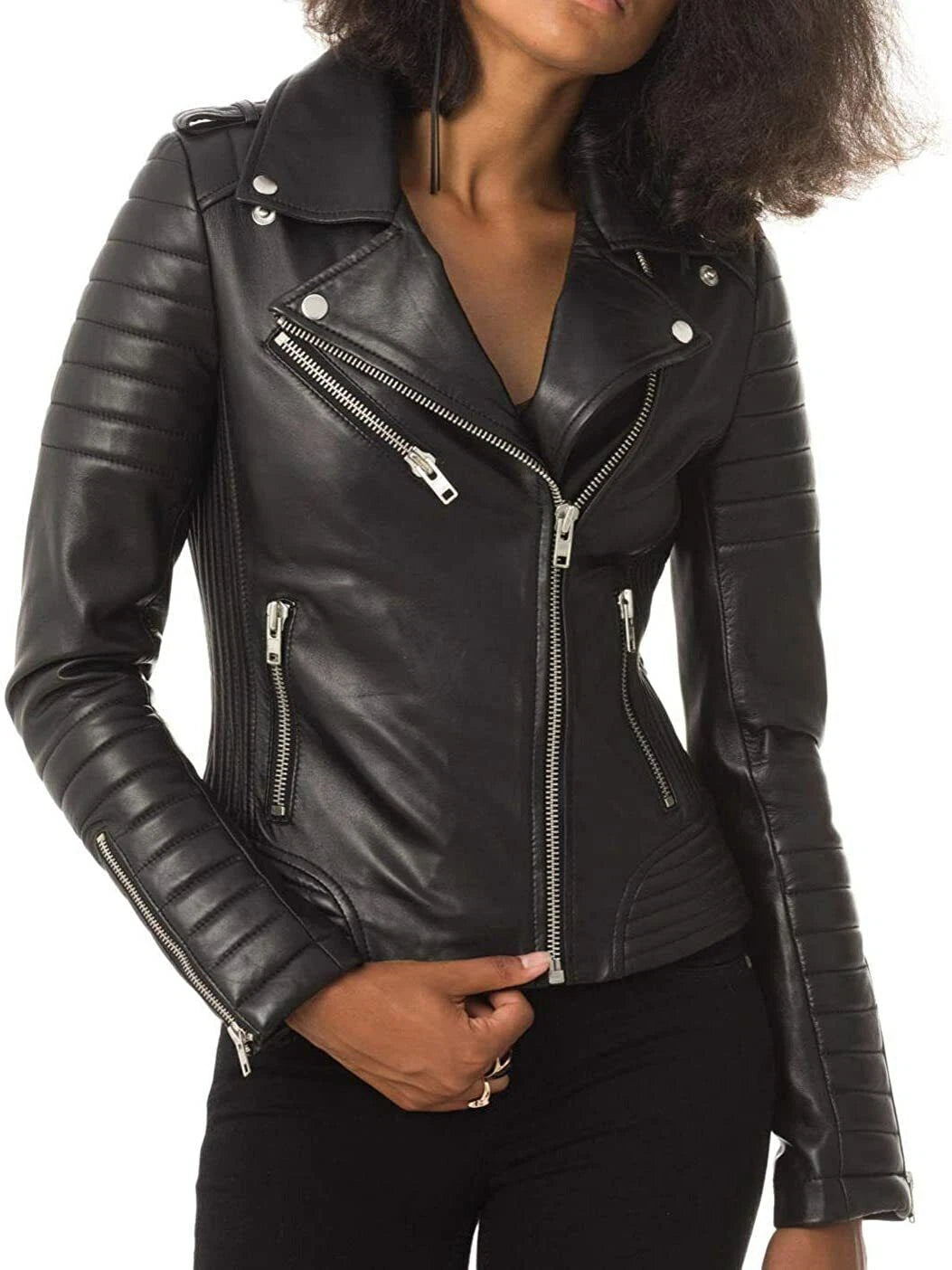 Women's Black Original Premium Leather Quilted-Sleeve Biker Jacket