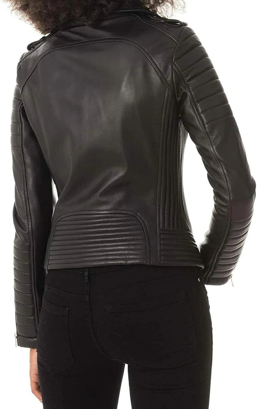 Women's Black Original Premium Leather Quilted-Sleeve Biker Jacket
