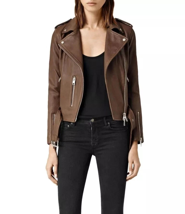 Women's Original Premium Chocolate Brown Leather Biker Jacket — Gold Hardware
