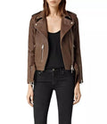 Women's Original Premium Chocolate Brown Leather Biker Jacket — Gold Hardware